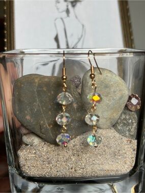 Gold Hook Earrings with Iridescent Crystal Beads - Clear